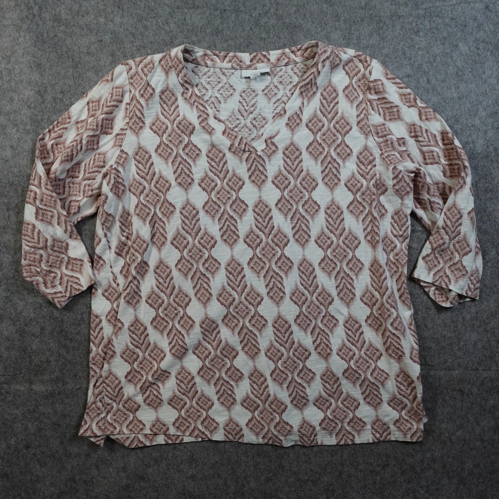 J. Jill Top Womens Large VNeck 3/4 Sleeve Geometric Print Knit White Mauve Pink